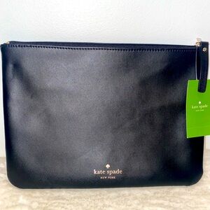 KATE SPAD Black Leather Gia Crystal Court Clutch/Pouch - NEW